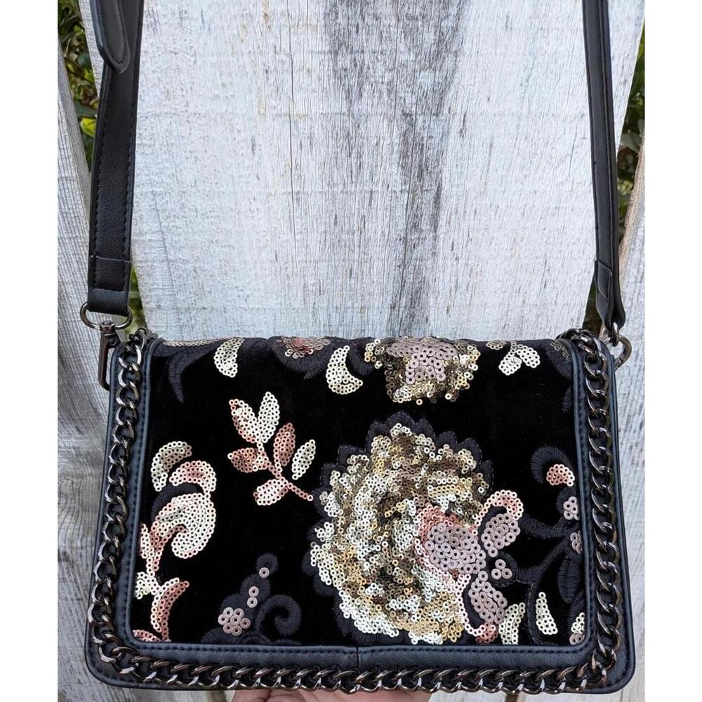 Aldo Black Velour Brown Floral Sequin Embellishments Chain Border Boho Crossbag